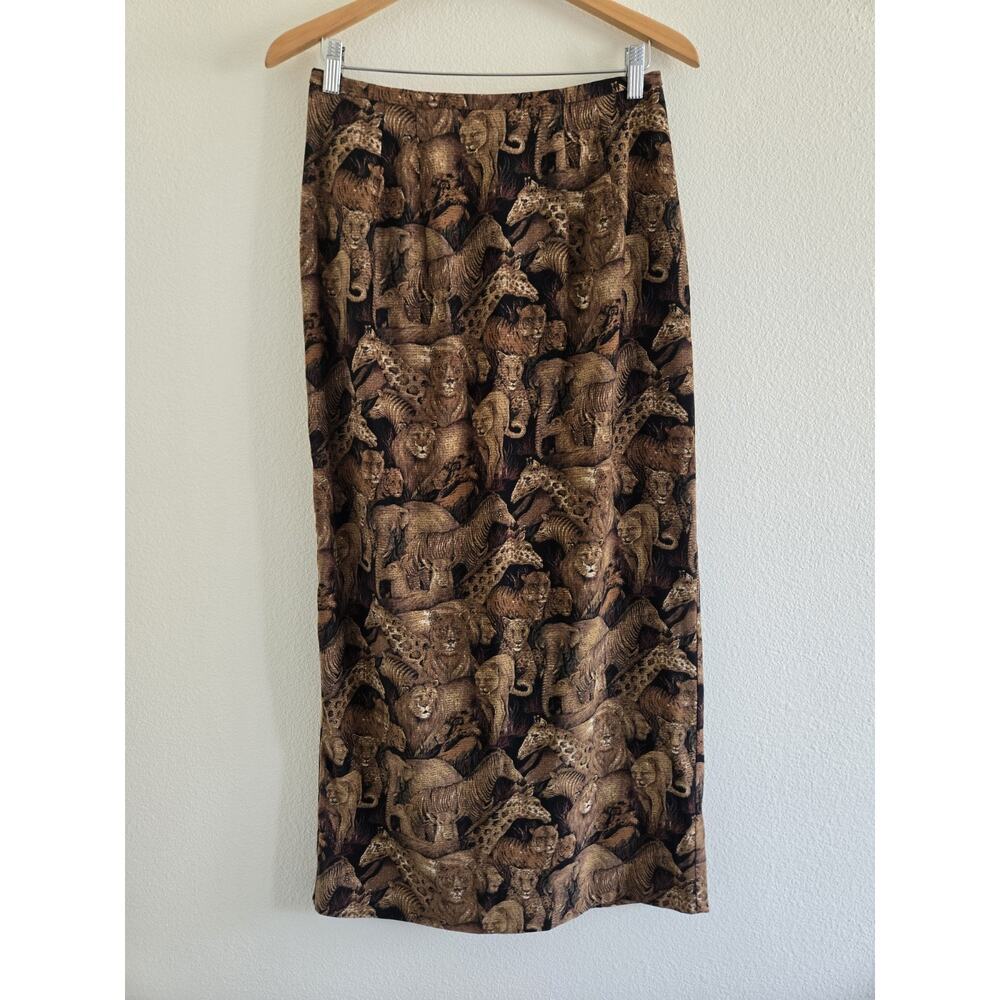 Vintage 90s Safari Animal Print Brown Faux Suede Midi Skirt Small Indie Sleaze